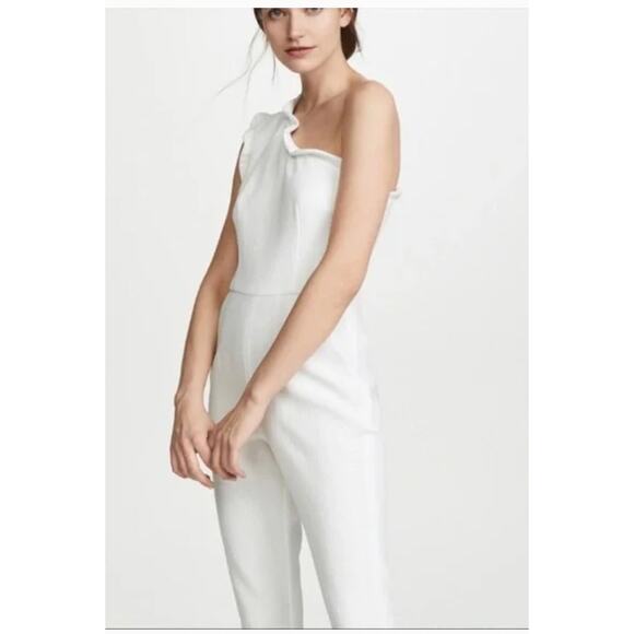 Black Halo Jumpsuit Womens 4 White Pravella One Shoulder Textured Flare Slit Leg - Picture 1 of 12